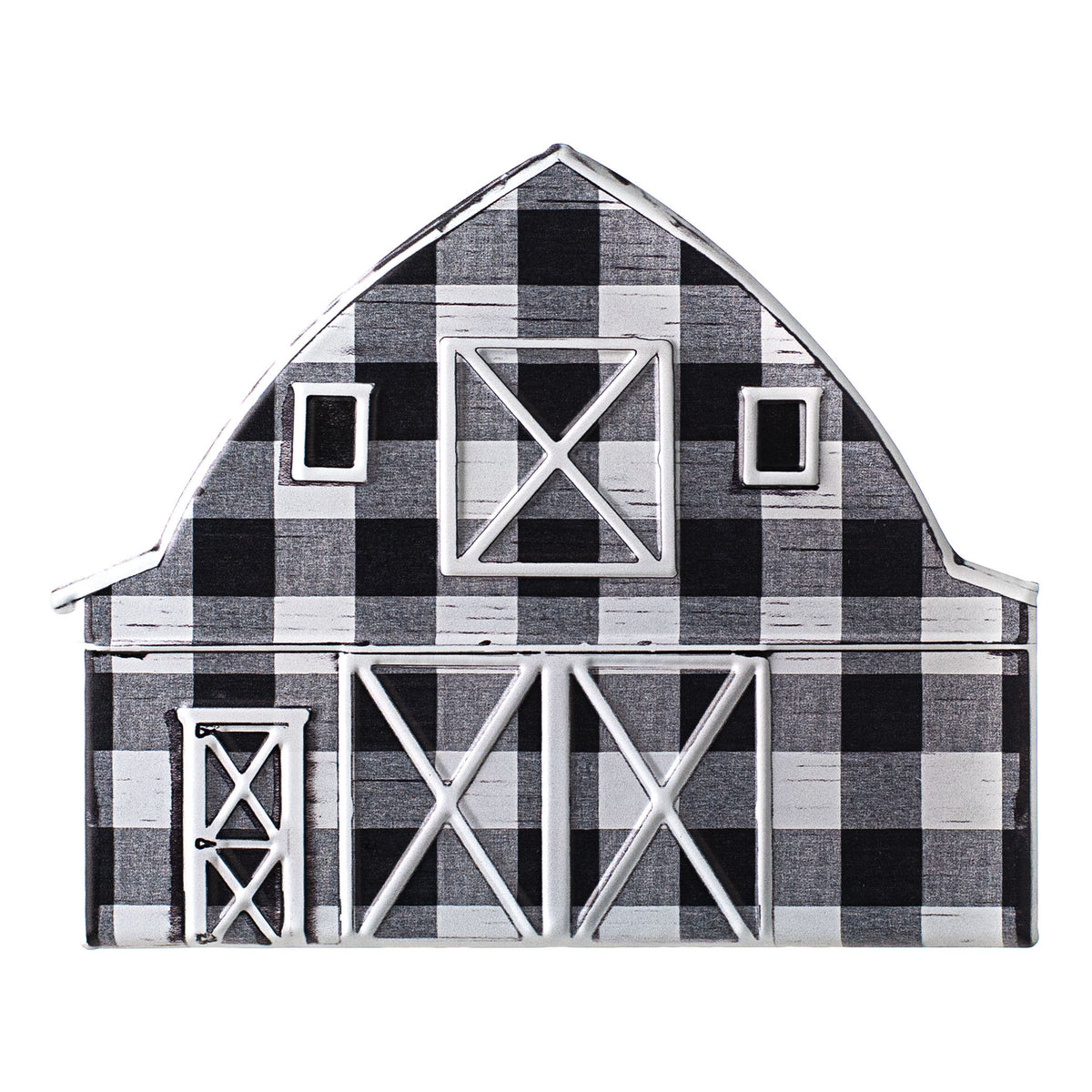 12" Metal Embossed Hanger: Black & White Buffalo Plaid Barn Item Number: MD078627