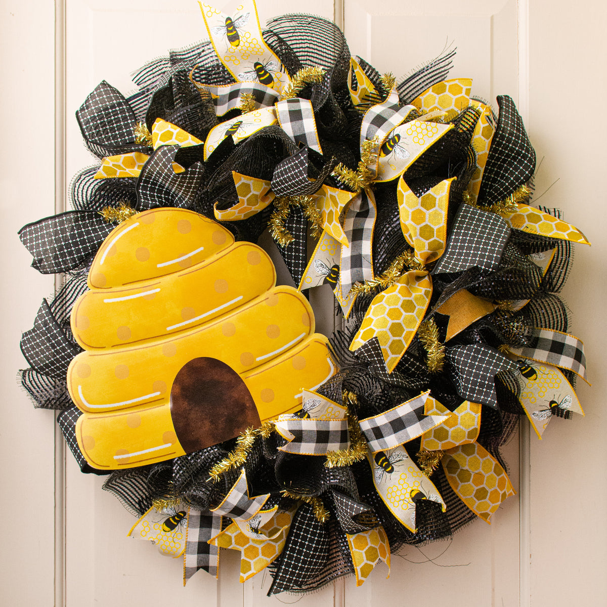 12" Metal Embossed Hanger: Polka Dot Bee Hive Lifestyle Photo