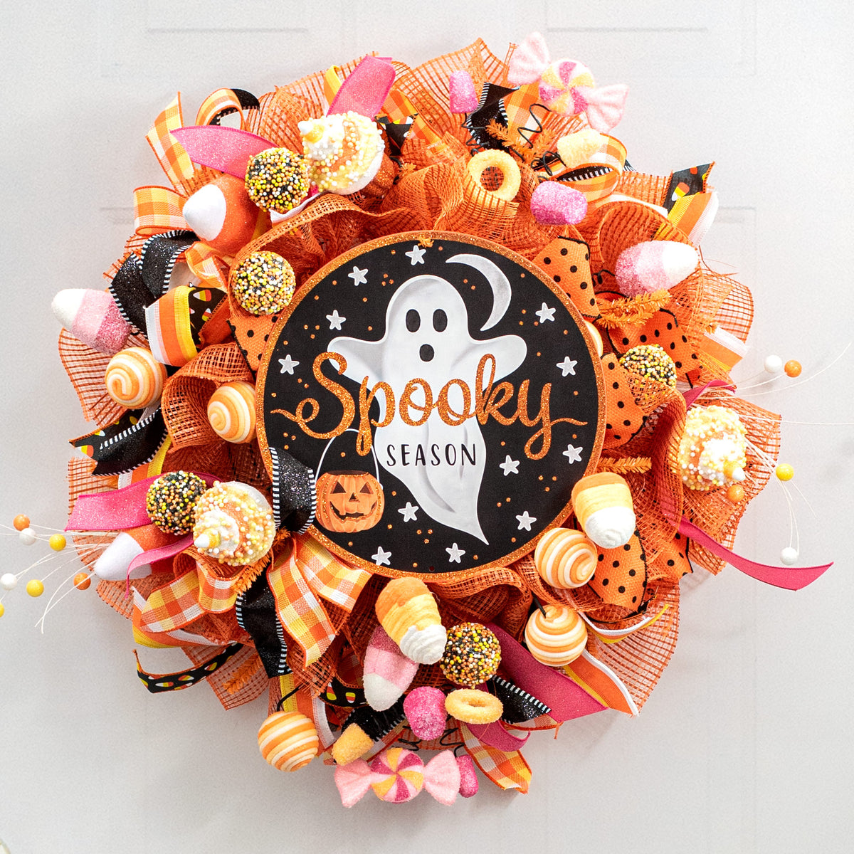 12" Metal Sign: Black & Orange Spooky Ghost Lifestyle Photo