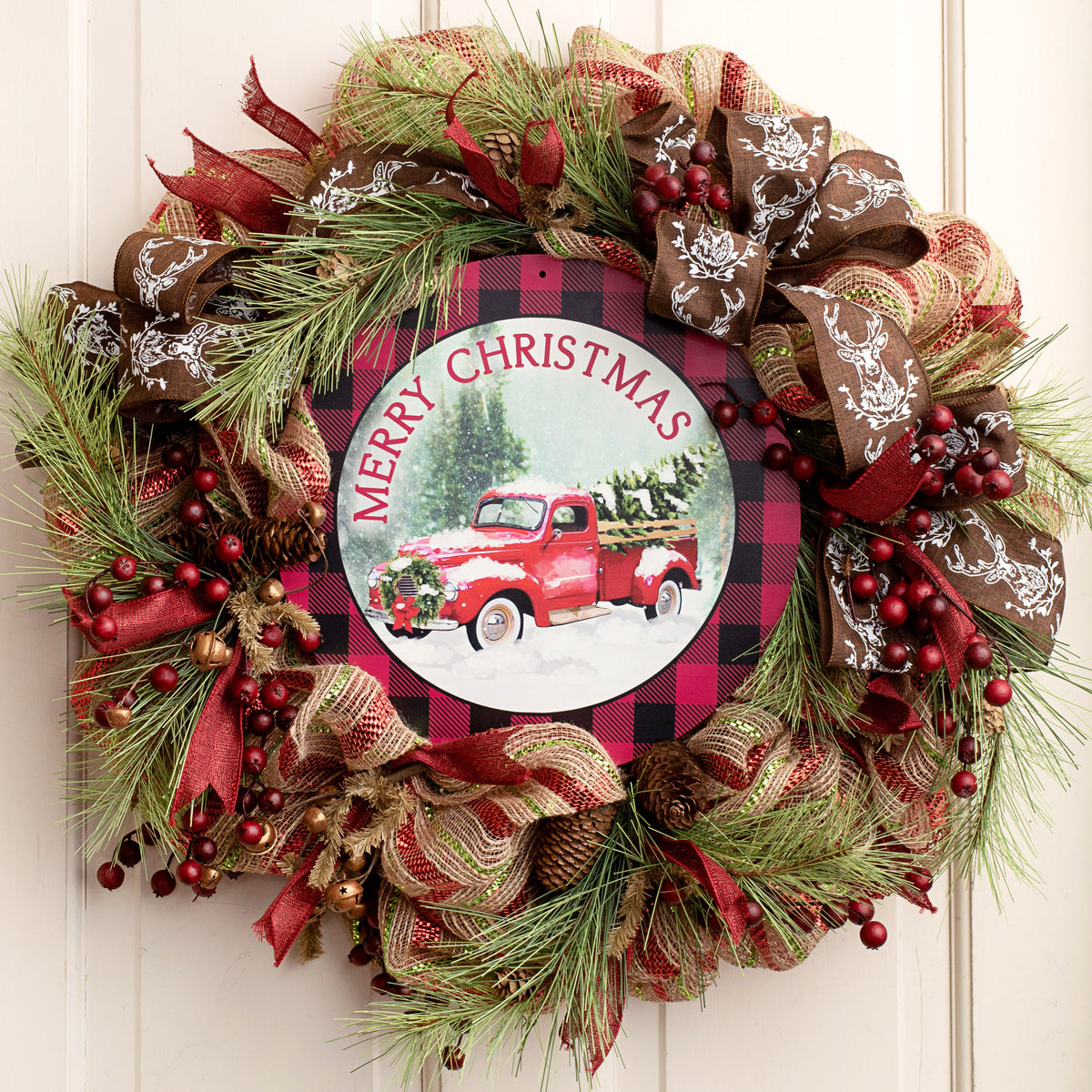 12" Metal Sign: Buffalo Plaid Merry Christmas Truck Lifestyle Photo