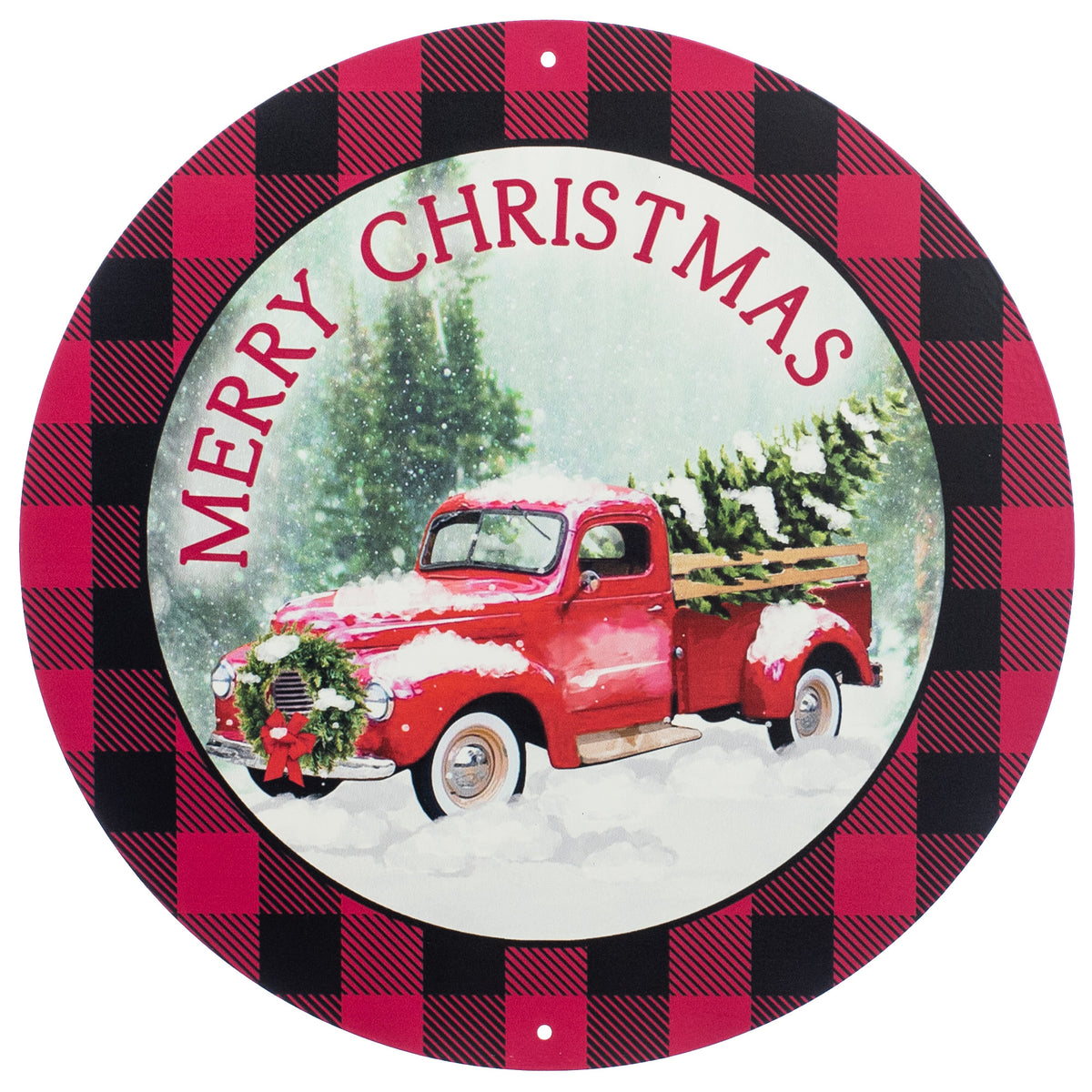 12" Metal Sign: Buffalo Plaid Merry Christmas Truck Item Number: MD0443