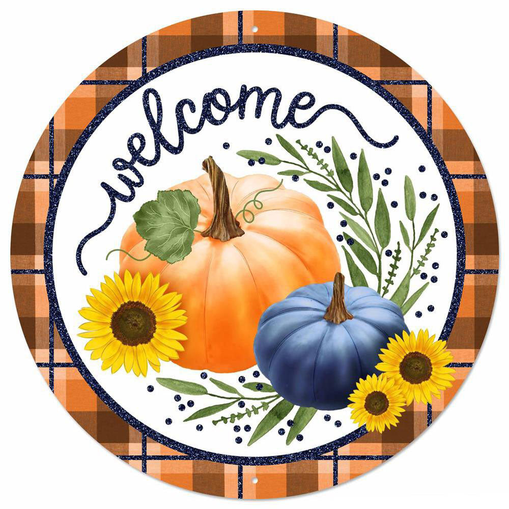 12" Metal Sign: Glittered Welcome Pumpkins Navy Item Number: MD096719