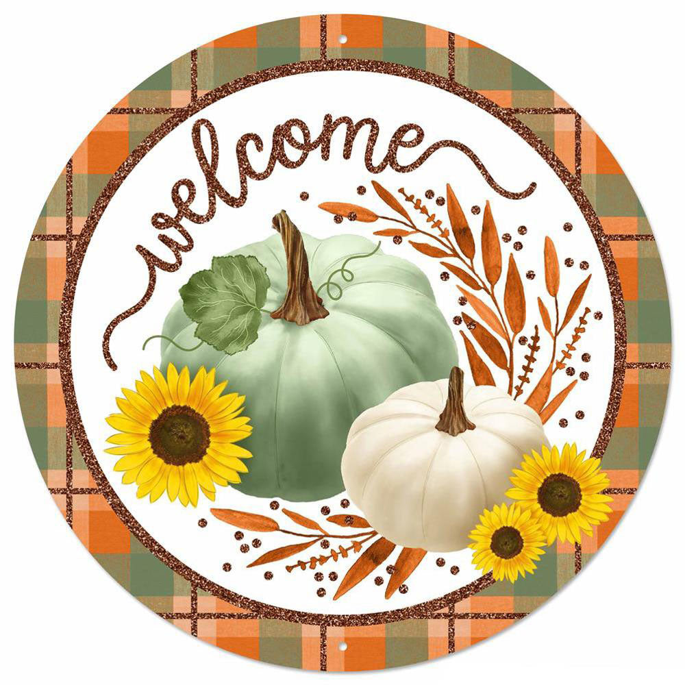 12" Metal Sign: Glittered Welcome Pumpkins Sage Item Number: MD096743