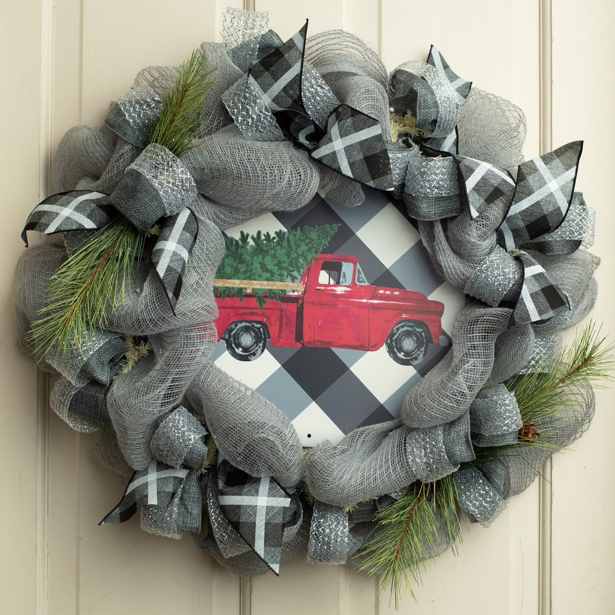 12" Metal Sign: Vintage Red Truck on Bold Plaid Lifestyle Photo