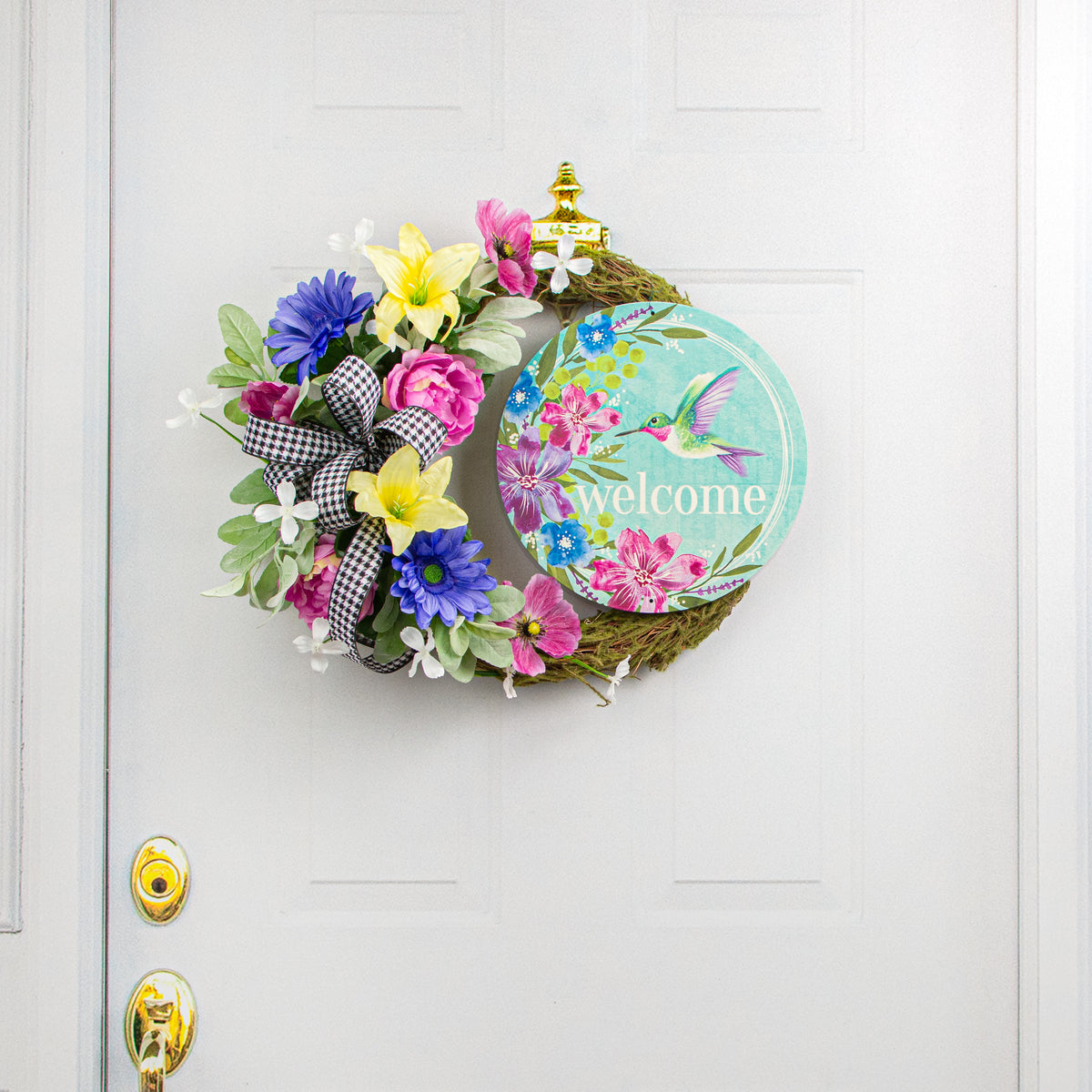 12" Metal Sign: Welcome Hummingbird Florals Lifestyle Photo