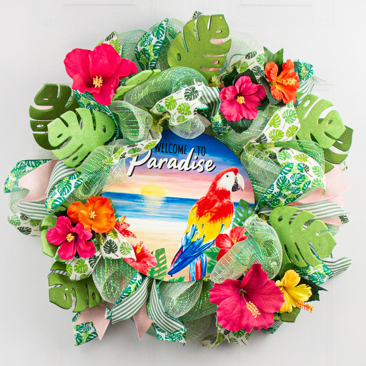 12" Metal Sign: Welcome To Paradise Parrot Lifestyle Photo