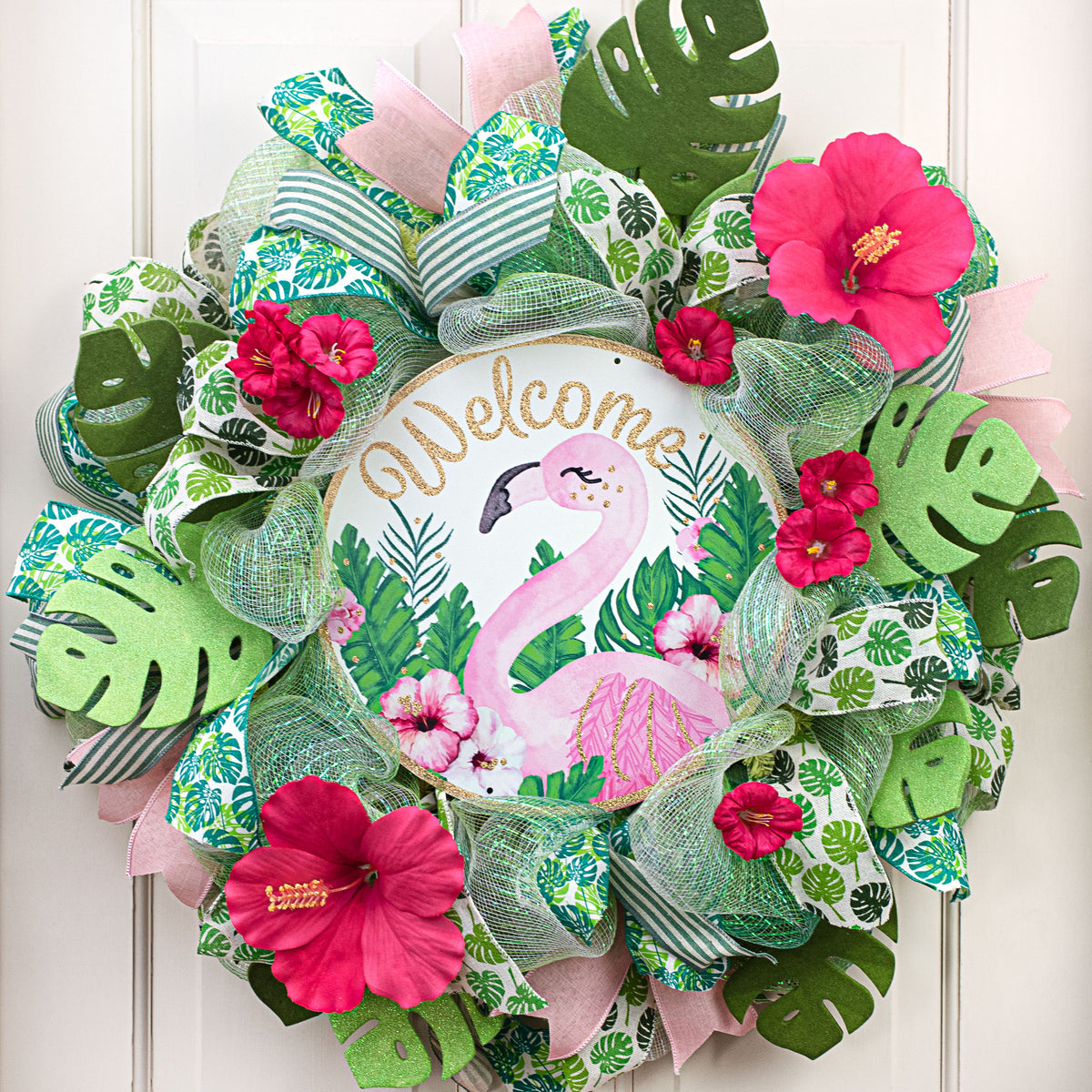 12" Metal Sign: Welcome Tropical Leaves & Flamingo Lifestyle Photo