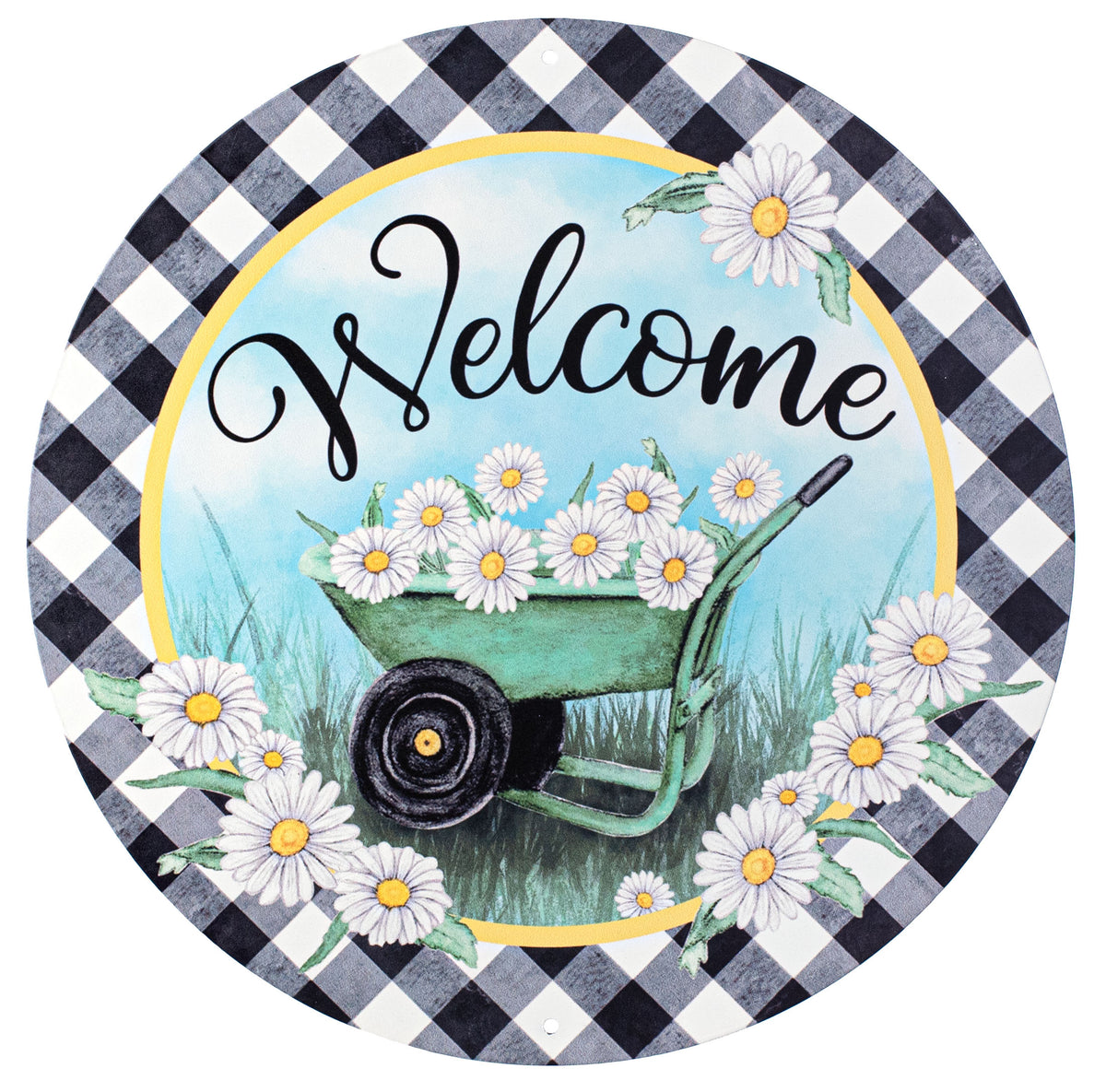 12" Metal Sign: Welcome Wheelbarrow Daisies on Gingham Item Number: MD0883