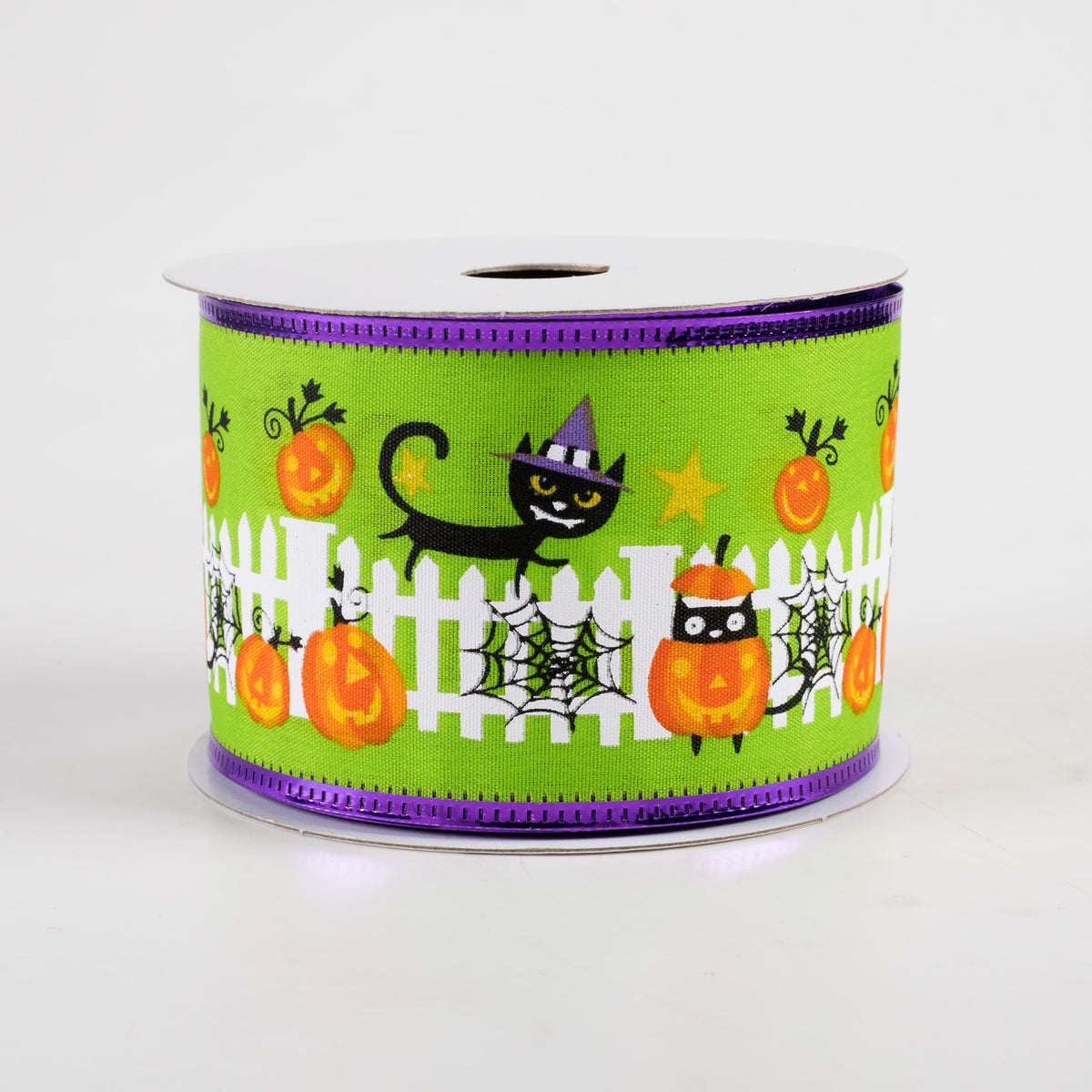 2.5" Metallic Edge Halloween Cat Fence Ribbon: Lime Green (10 Yards)