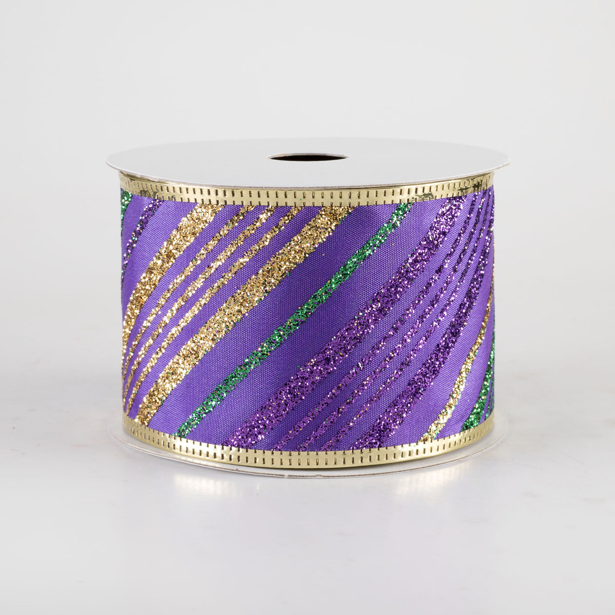 2.5" Metallic Edge Mardi Gras Glitter Diagonal Stripes Ribbon (10 Yards) Item Number: 76465-40-11