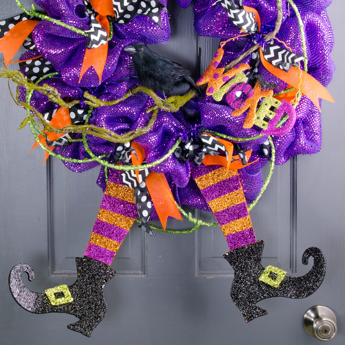 16" Metallic Foam Glittered Witch Leg Pair: Purple & Orange Lifestyle Photo