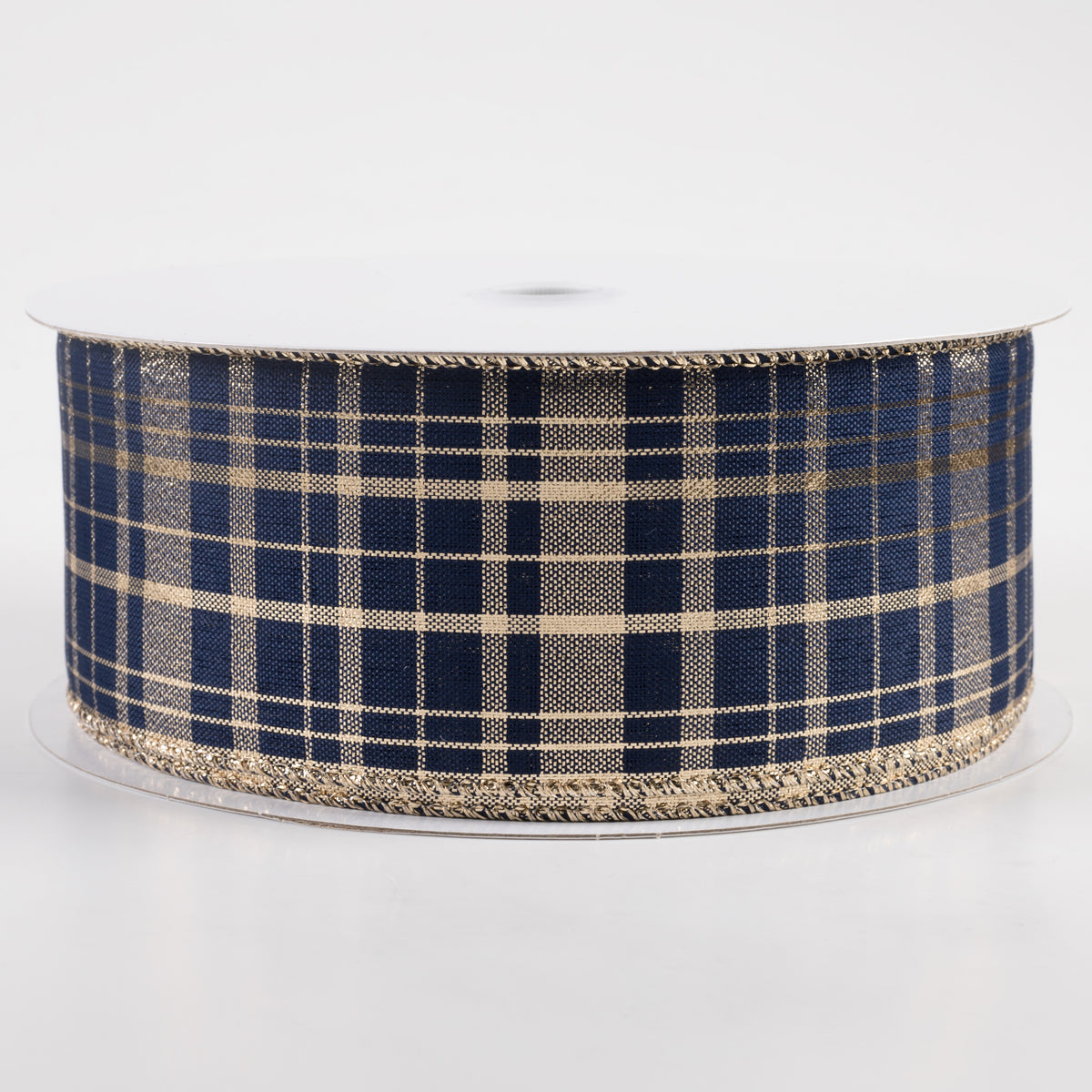 2.5" Metallic Gina Plaid Ribbon: Gold & Navy (50 Yards)