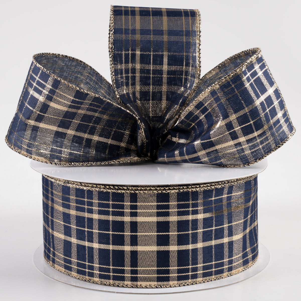 2.5" Metallic Gina Plaid Ribbon: Gold & Navy (50 Yards) Lifestyle Photo