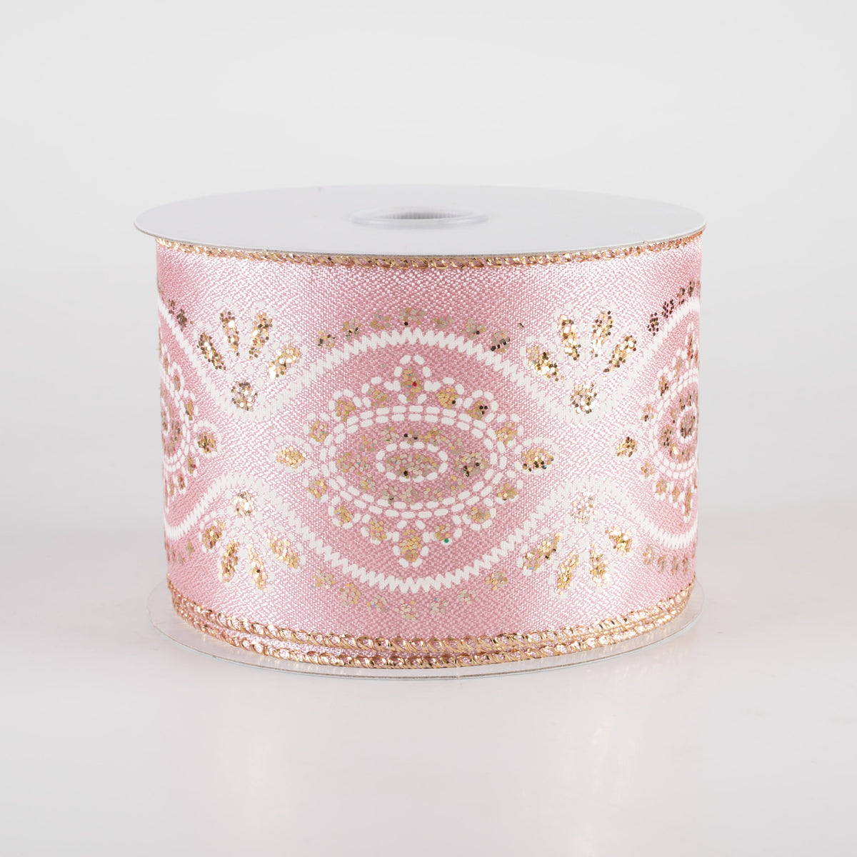 2.5" Metallic Satin Big Damask Ribbon: Mauve Pink, Cream & Gold (10 Yards) Item Number: 72401-40-26