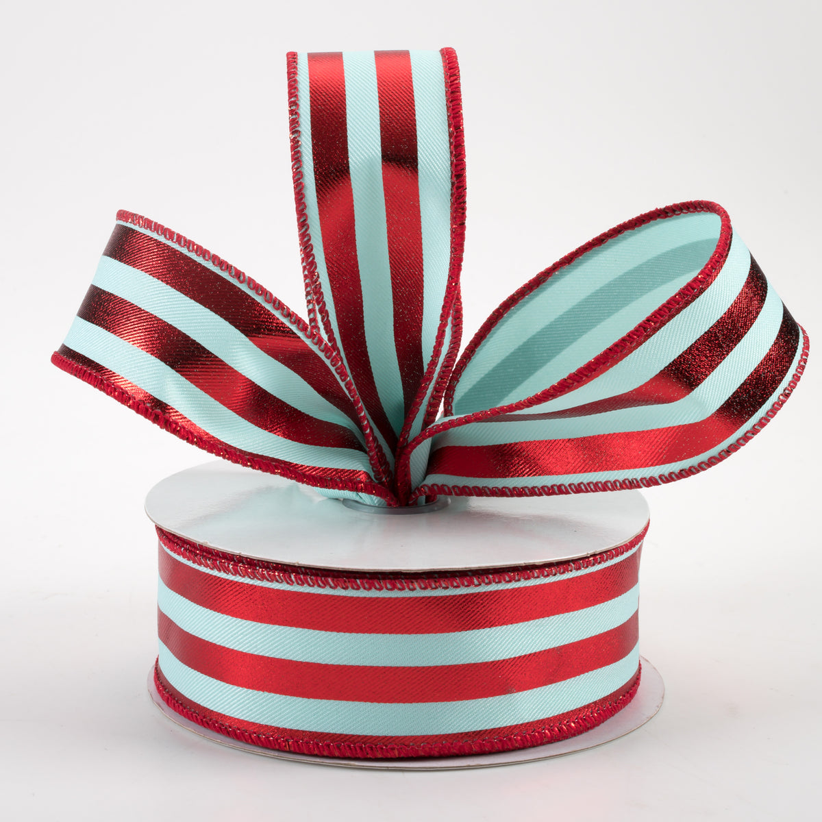 1.5" Metallic Vertical Stripes Ribbon: Ice Blue & Red (10 Yards) Lifestyle Photo