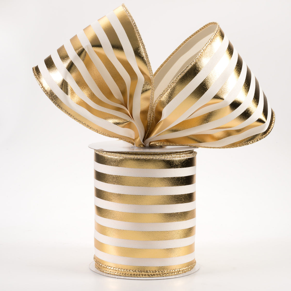 4" Metallic Vertical Stripes Ribbon: Ivory & Gold (10 Yards) Lifestyle Photo