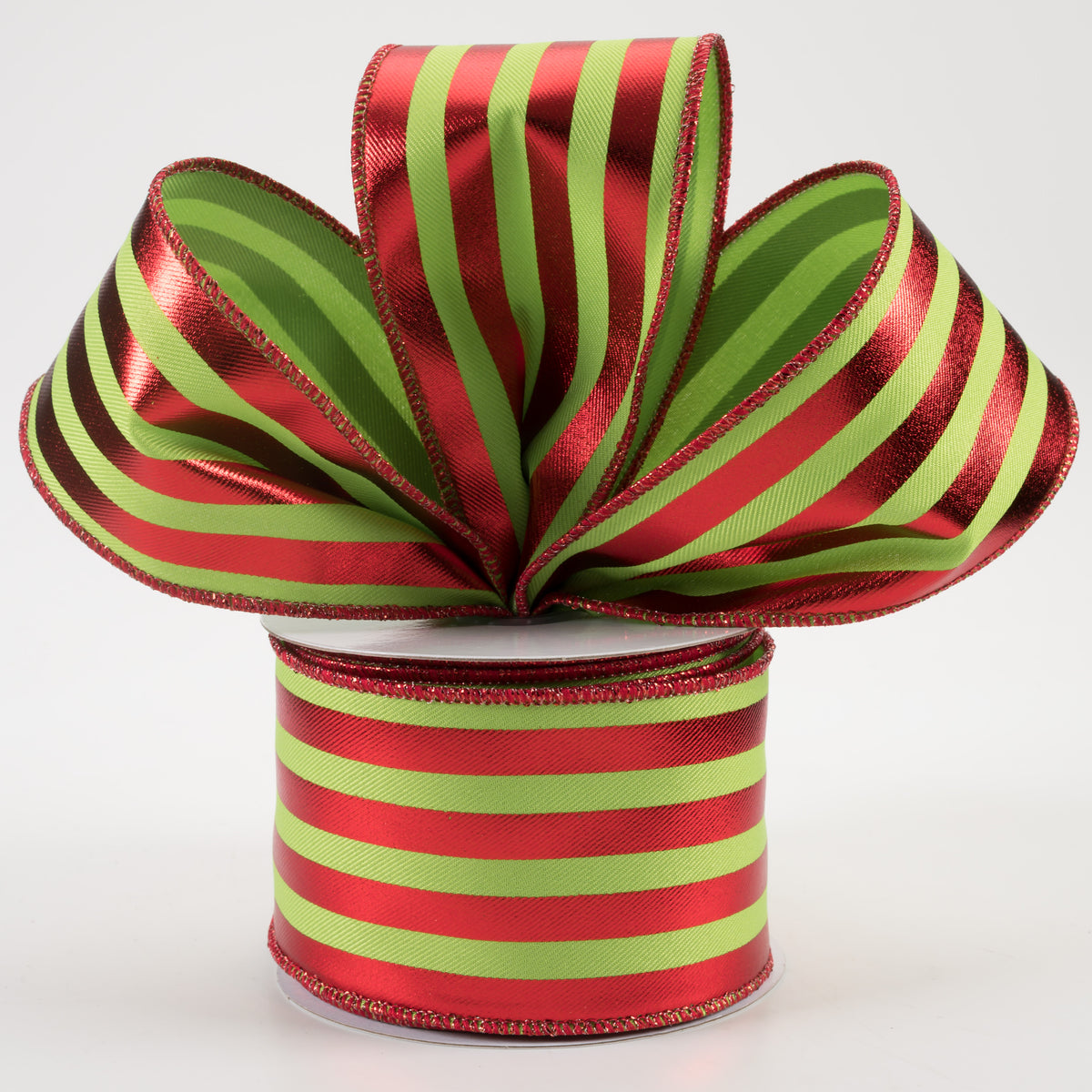 2.5" Metallic Vertical Stripes Ribbon: Lime Green & Red (10 Yards) Lifestyle Photo