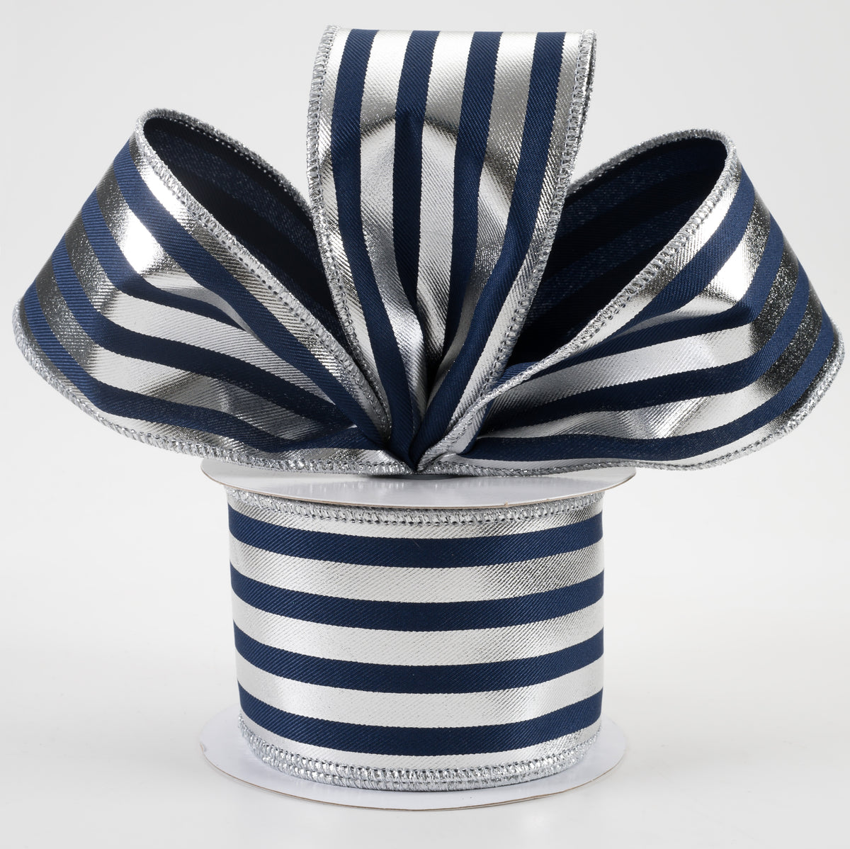 2.5" Metallic Vertical Stripes Ribbon: Navy Blue & Silver (10 Yards) Lifestyle Photo