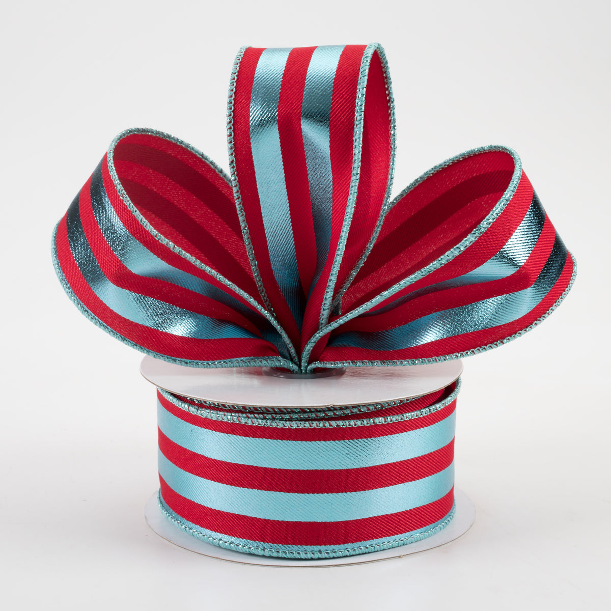 1.5" Metallic Vertical Stripes Ribbon: Red & Ice Blue (10 Yards) Lifestyle Photo
