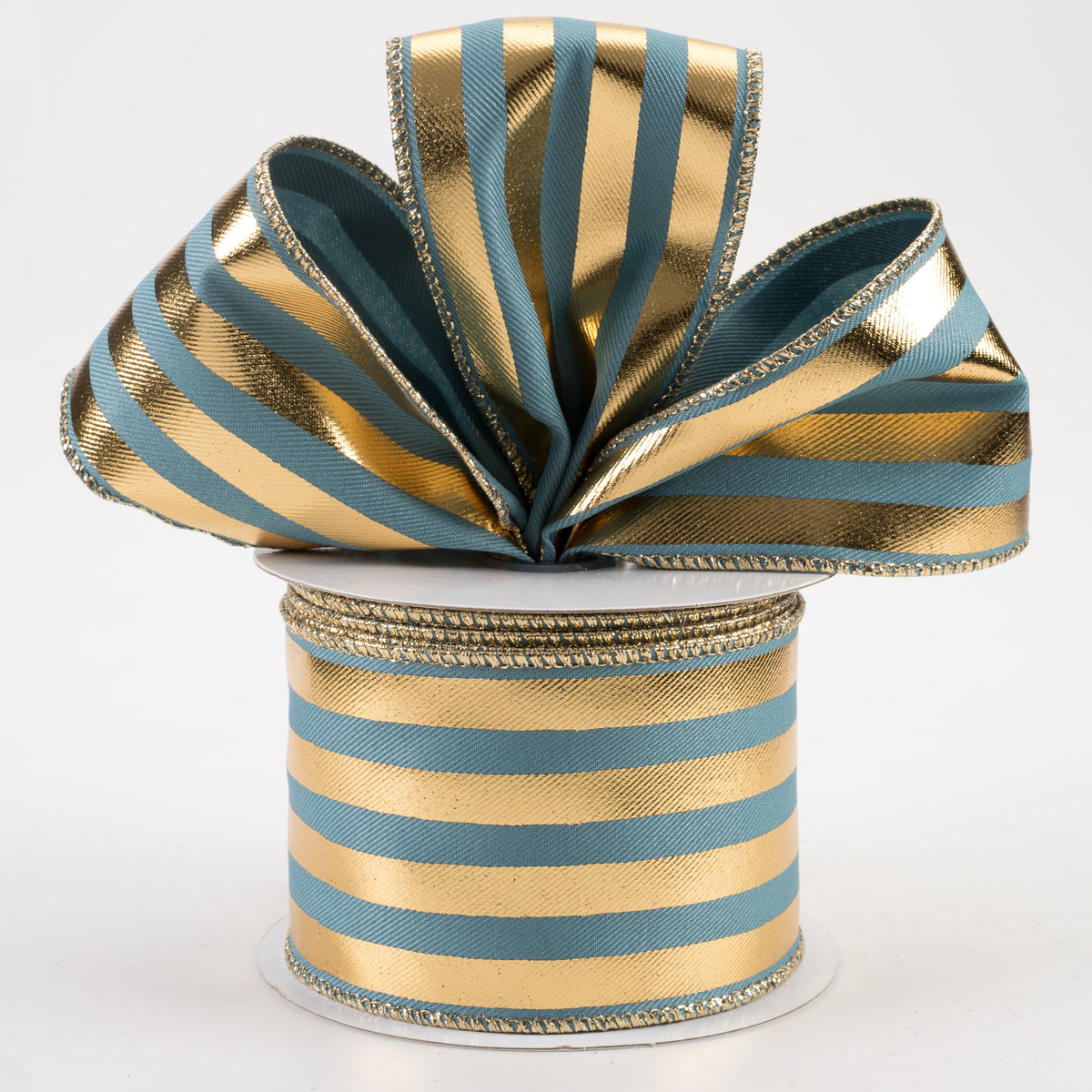 2.5" Metallic Vertical Stripes Ribbon: Smoke Blue & Gold (10 Yards) Lifestyle Photo