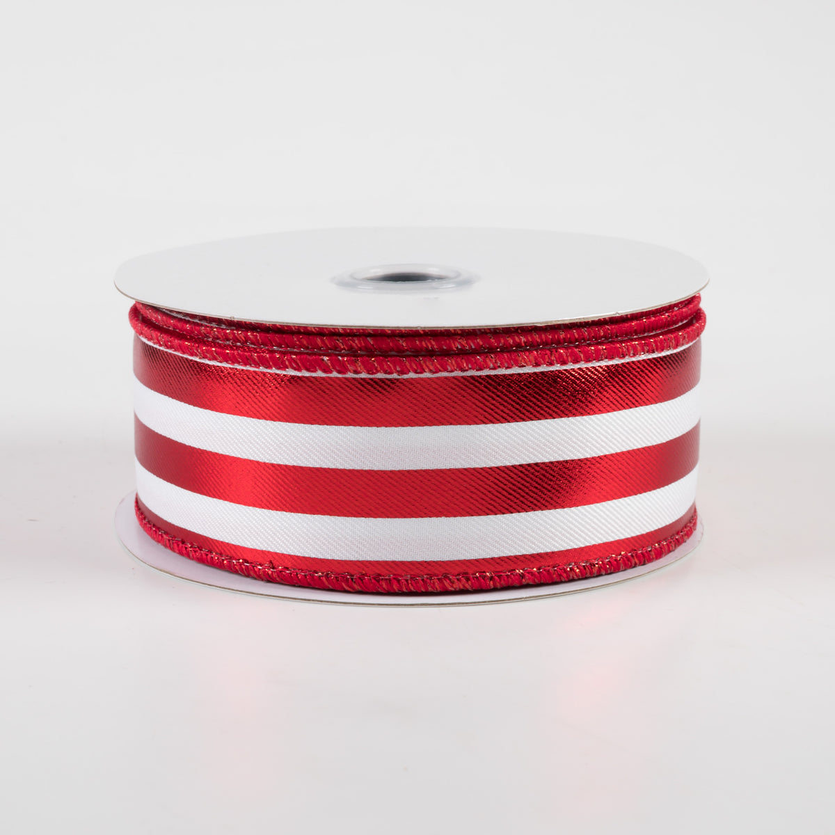 1.5" Metallic Vertical Stripes Ribbon: White & Red (10 Yards)