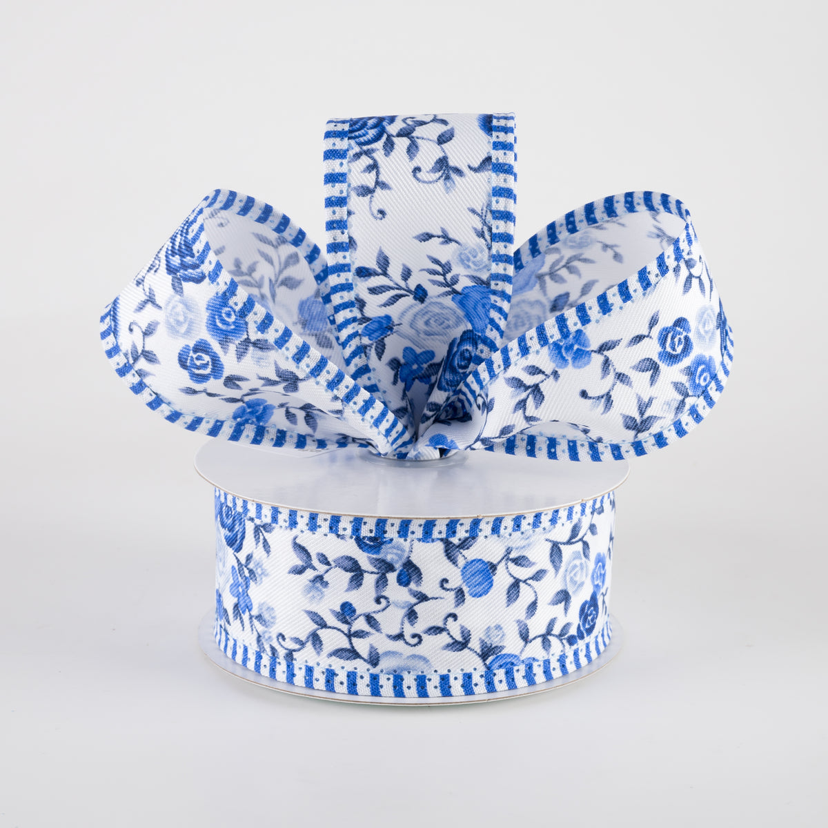 1.5" Mini Roses & Stripe Edge Ribbon: Blues (10 Yards) Lifestyle Photo