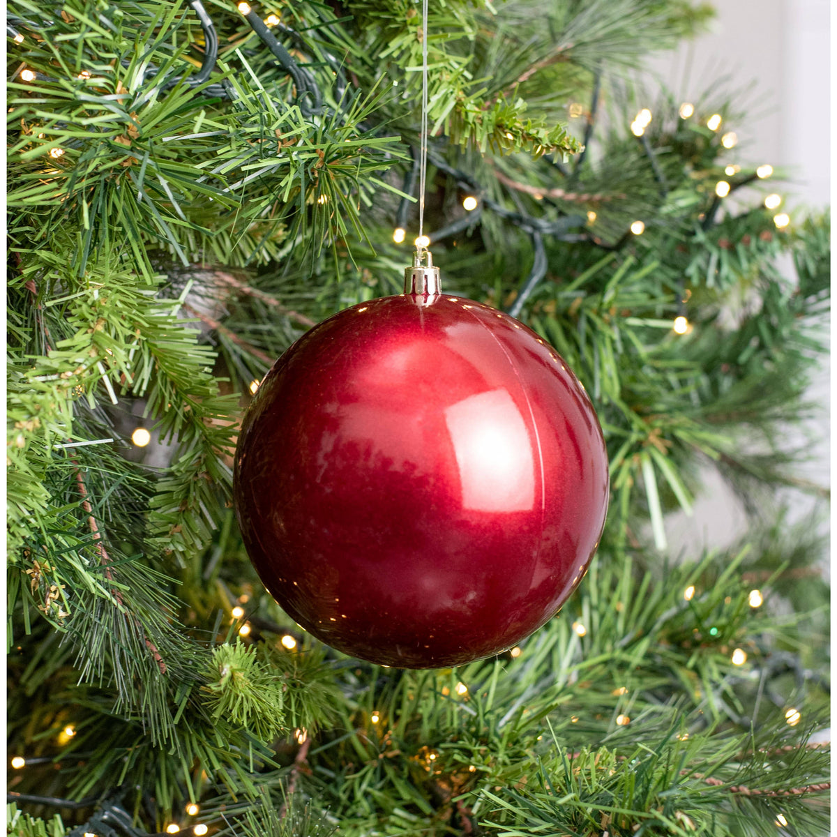 120MM Plastic Ball Ornament: Candy Apple Burgundy (Set of 2) Lifestyle Photo