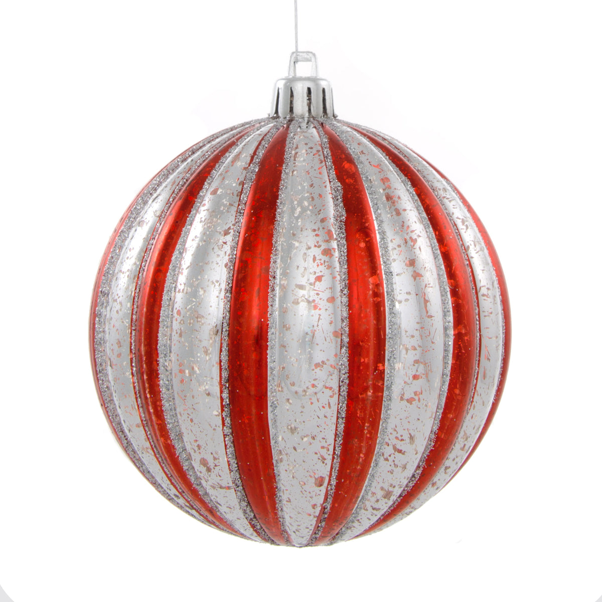 100MM Round Vertical Stripe Metallic Ball Ornament: Red & Antique Silver Stripe Item Number: XH936070