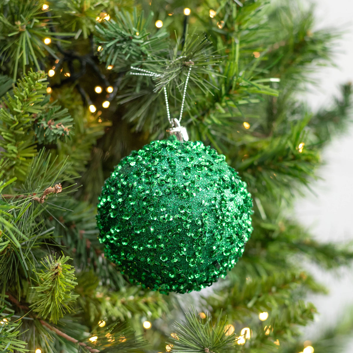 100mm Sequin & Glitter Ball Ornaments: Jadeite Green (Box of 4) Lifestyle Photo