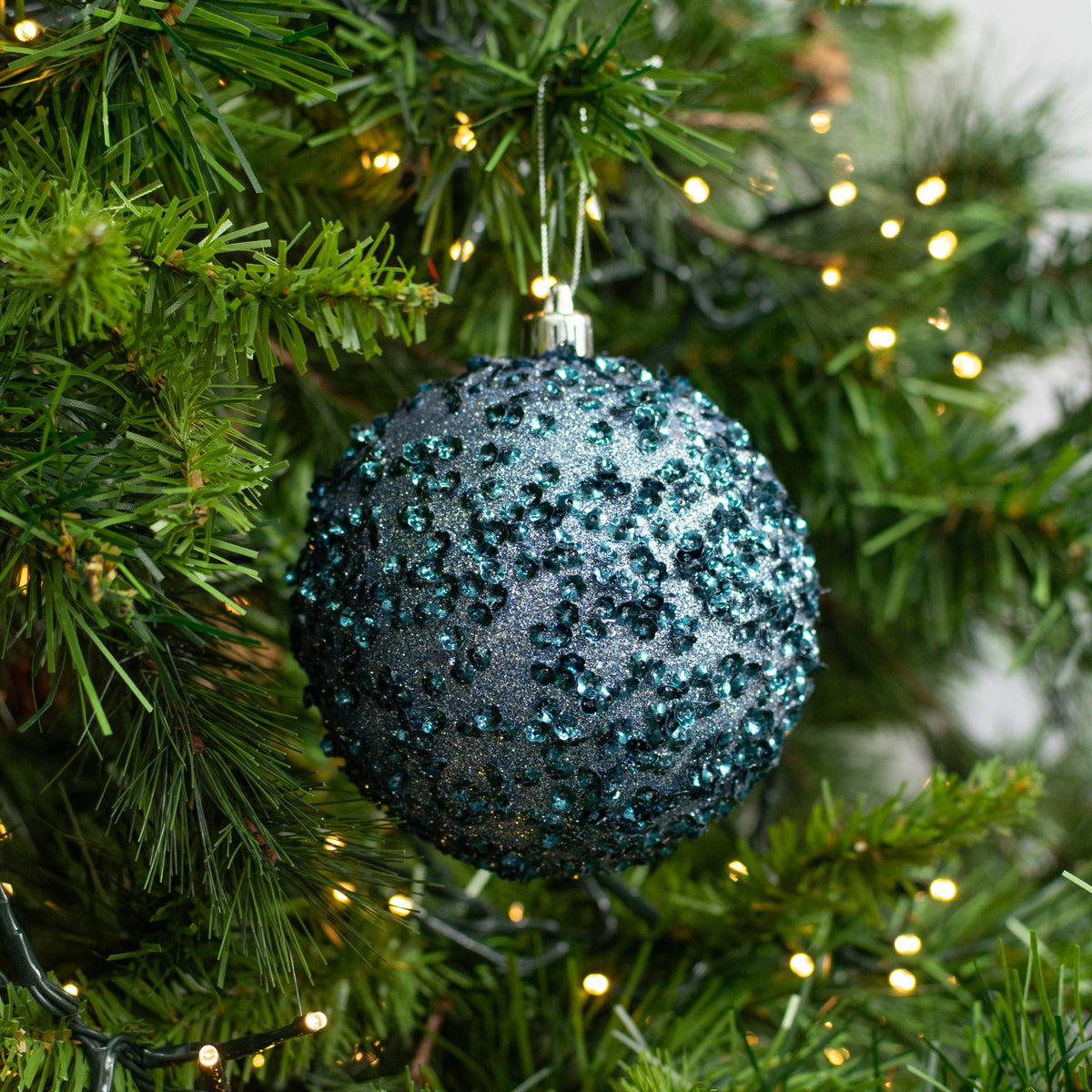 100mm Sequin & Glitter Ball Ornaments: Smoke Blue (Box of 4) Lifestyle Photo