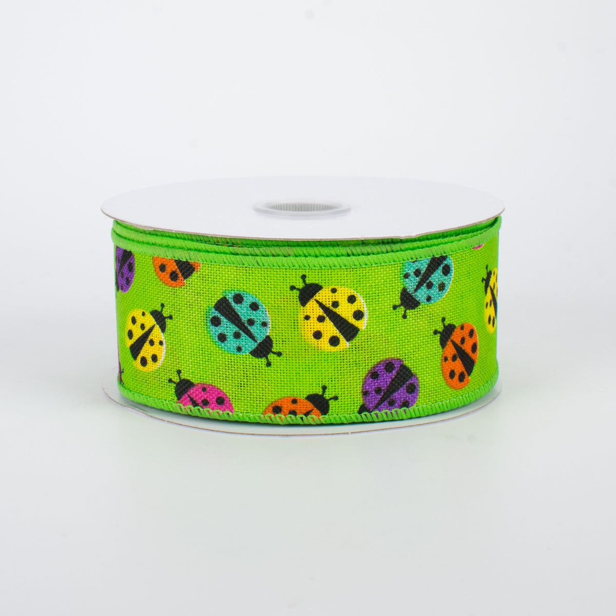 1.5" Multicolored Ladybug Ribbon: Lime (10 Yards)