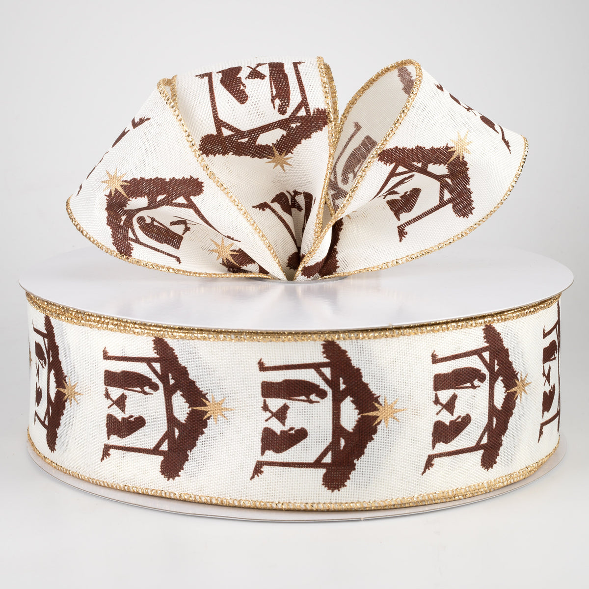 2.5" Nativity Creche Ribbon: Ivory & Brown (50 Yards) Lifestyle Photo