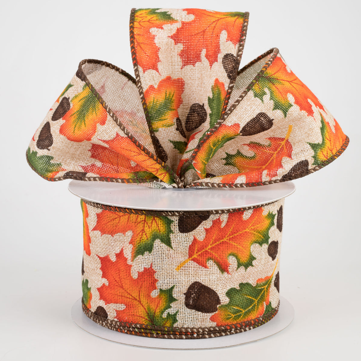 2.5" Natural Canvas Fall Leaves Acorns Ribbon (10 Yards) Lifestyle Photo