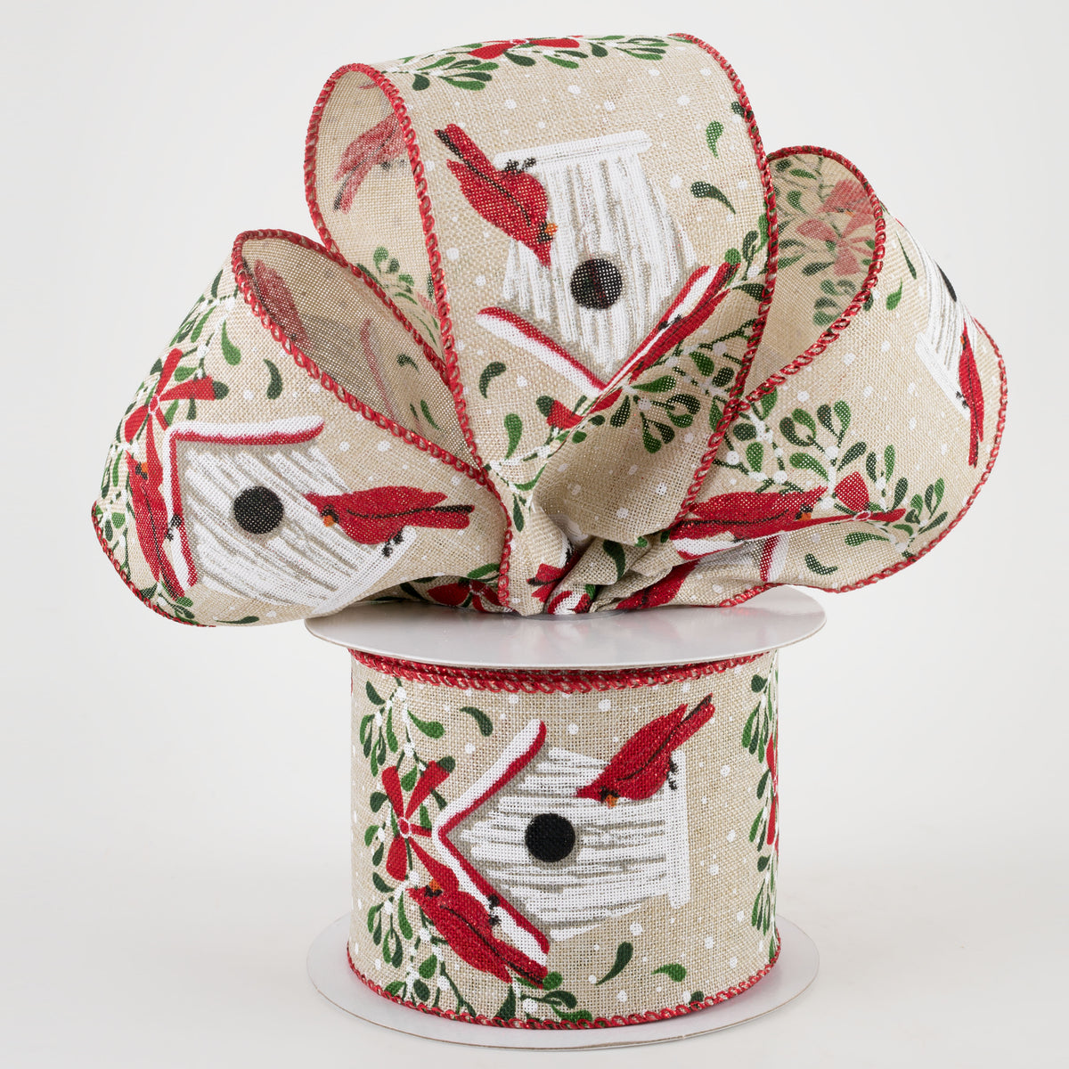 2.5" Natural Linen Cardinal Birdhouse Ribbon (10 Yards) Lifestyle Photo
