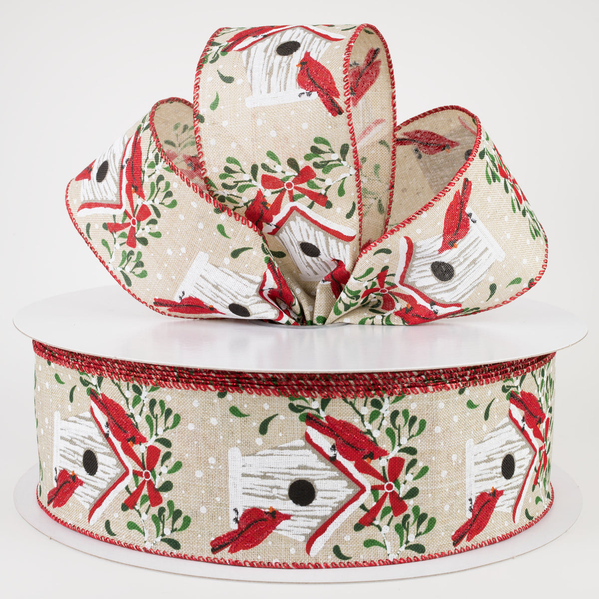 2.5" Natural Linen Cardinal Birdhouse Ribbon (50 Yards) Lifestyle Photo