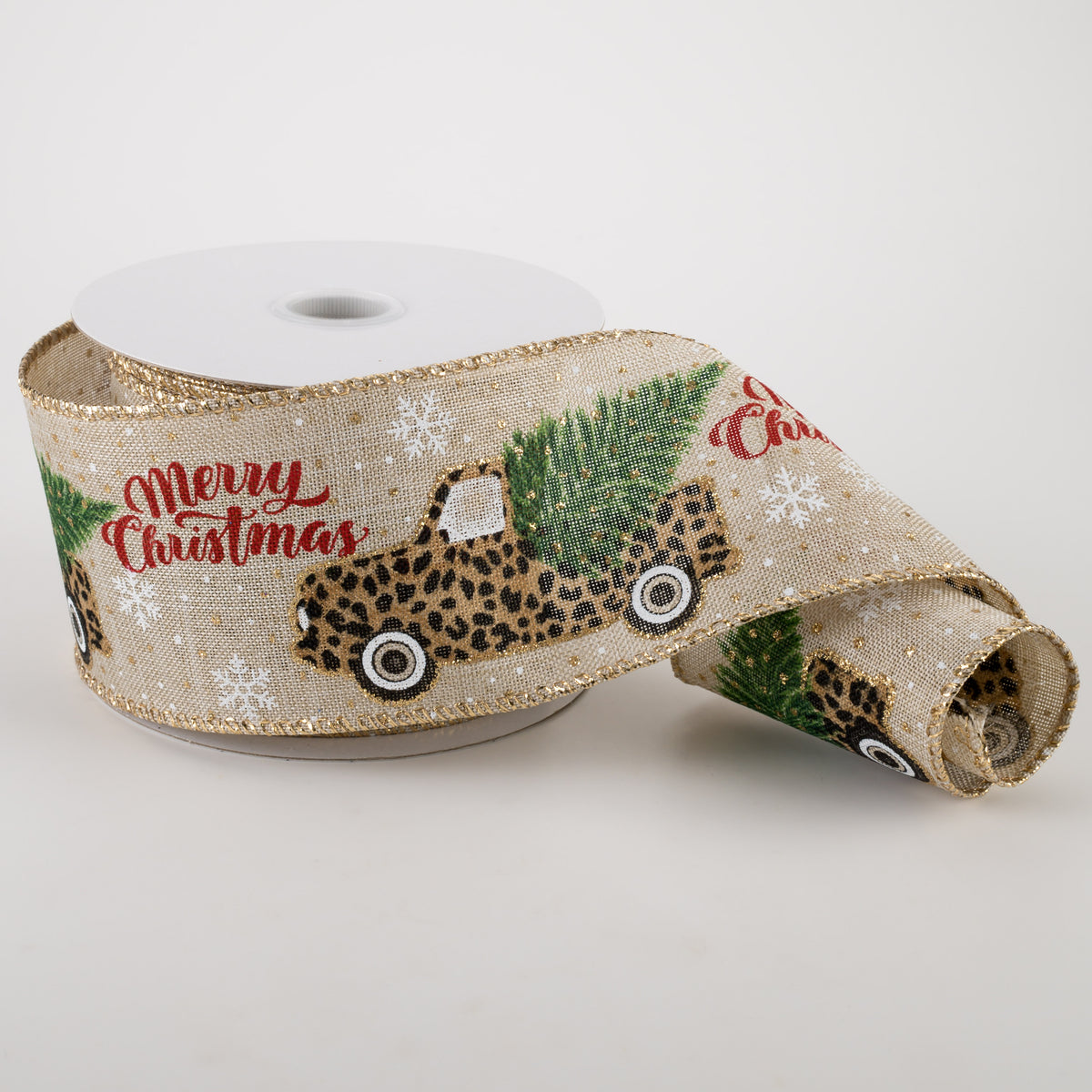 2.5" Natural Linen Cheetah Christmas Truck Ribbon (10 Yards) Lifestyle Photo