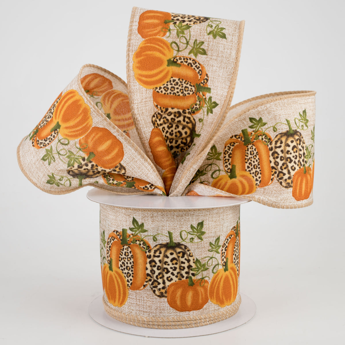2.5" Natural Linen Cheetah Pumpkin Ribbon: Orange (10 Yards) Lifestyle Photo