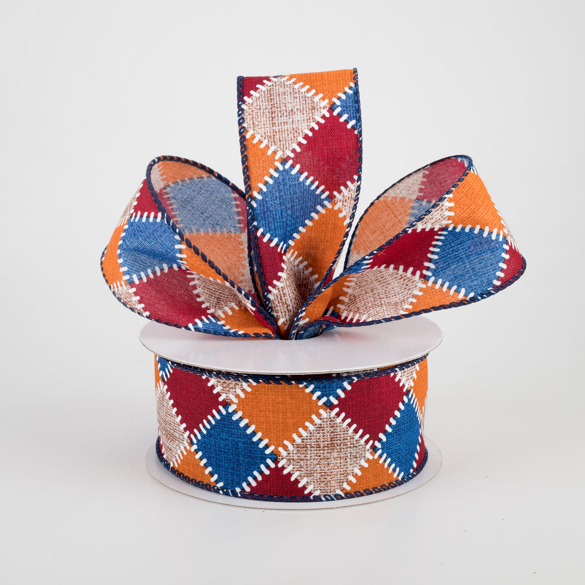 1.5" Natural Stitch Check Ribbon: Blue, Burgundy, Orange (10 Yards) Lifestyle Photo