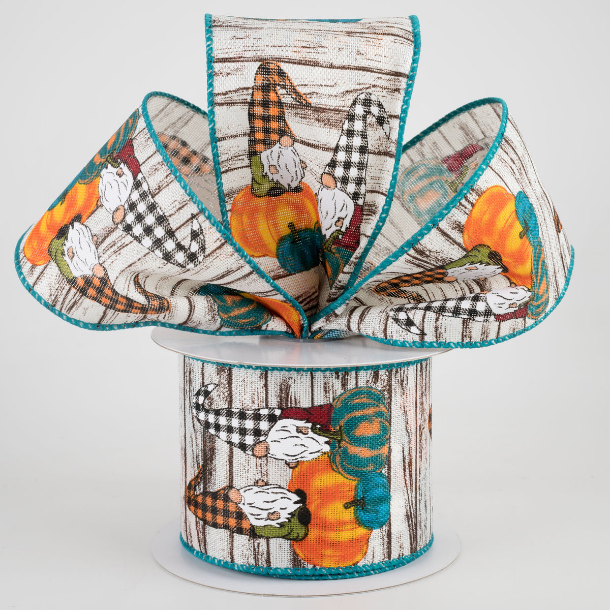 2.5" Natural Wood Textured Gnome Ribbon: Teal Pumpkins (10 Yards) Lifestyle Photo