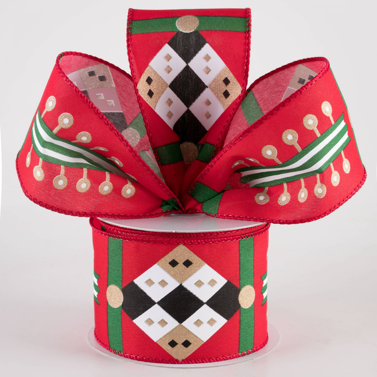 2.5" Nutcracker Stripes & Patterns Ribbon: Red & Green (10 Yards) Lifestyle Photo
