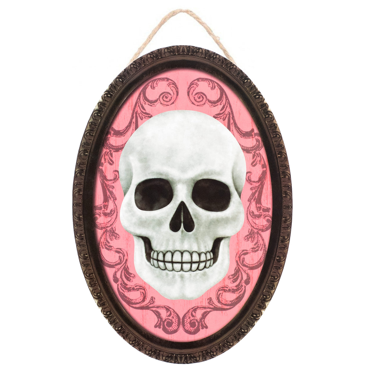 13" Oval Wooden Sign: Light Pink Framed Skull Item Number: AP729715