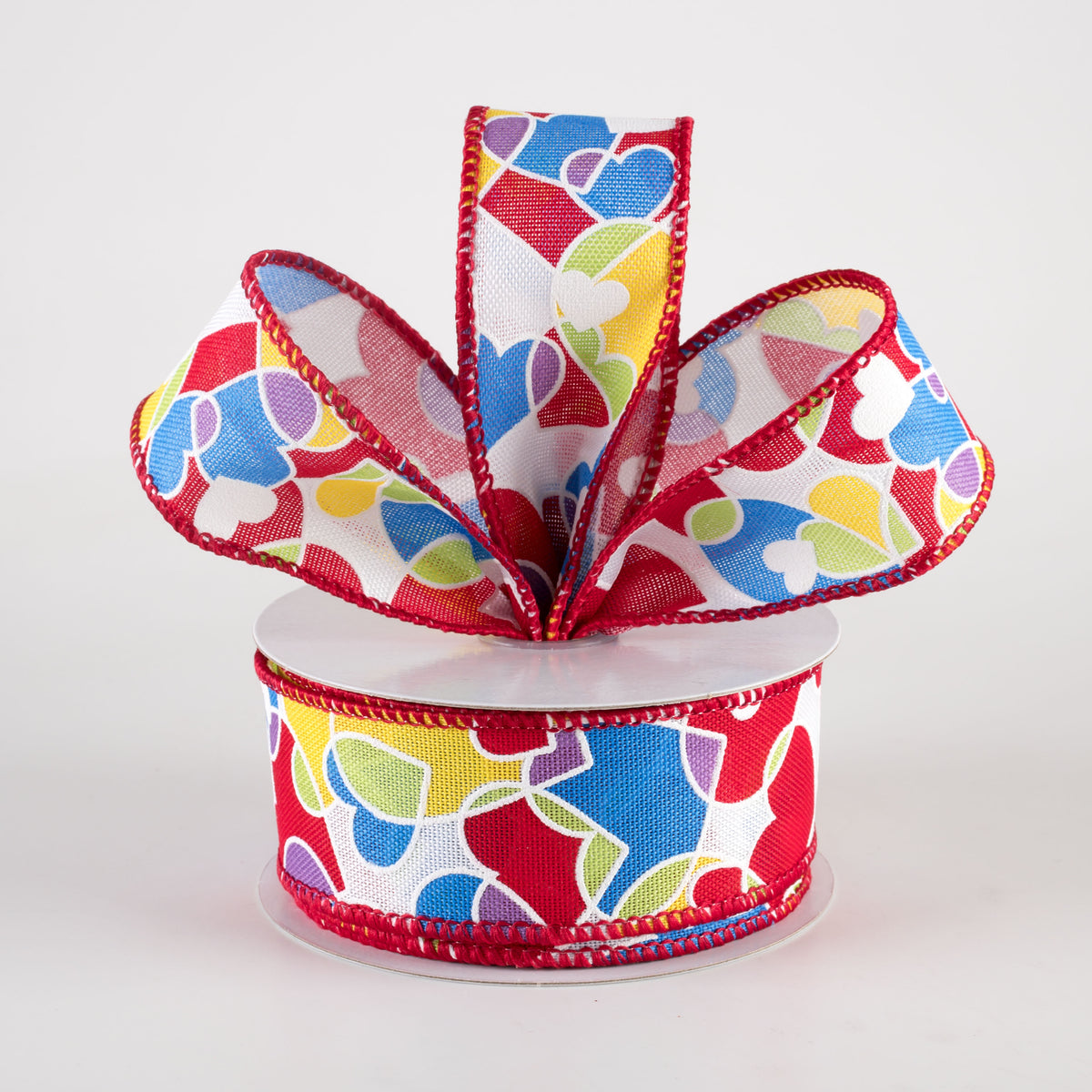 1.5" Overlapping Hearts Linen Ribbon: Yellow, Blue, Purple, Red (10 Yards) Lifestyle Photo
