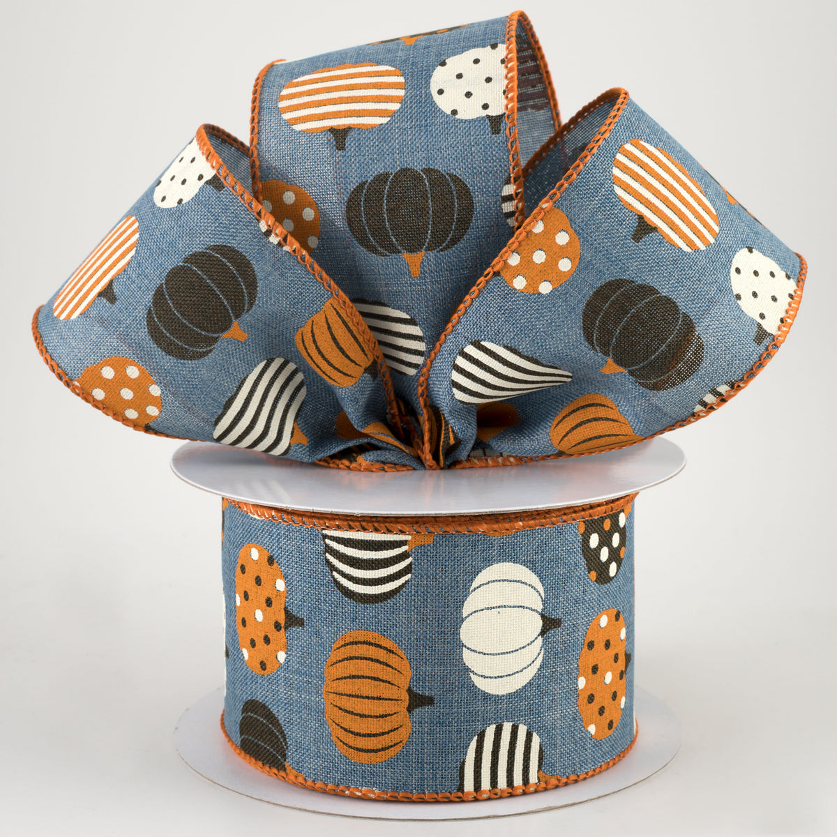2.5" Patterned Pumpkins Ribbon: Denim (10 Yards) Lifestyle Photo