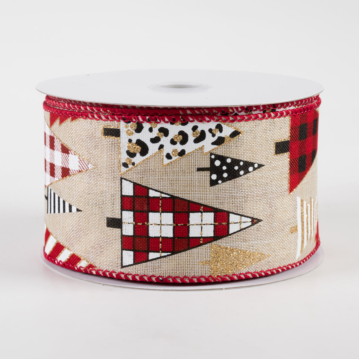 2.5" Patterned Trees Linen Ribbon: Natural, Red, Black, White, Gold (10 Yards) Item Number: 71257-40-21