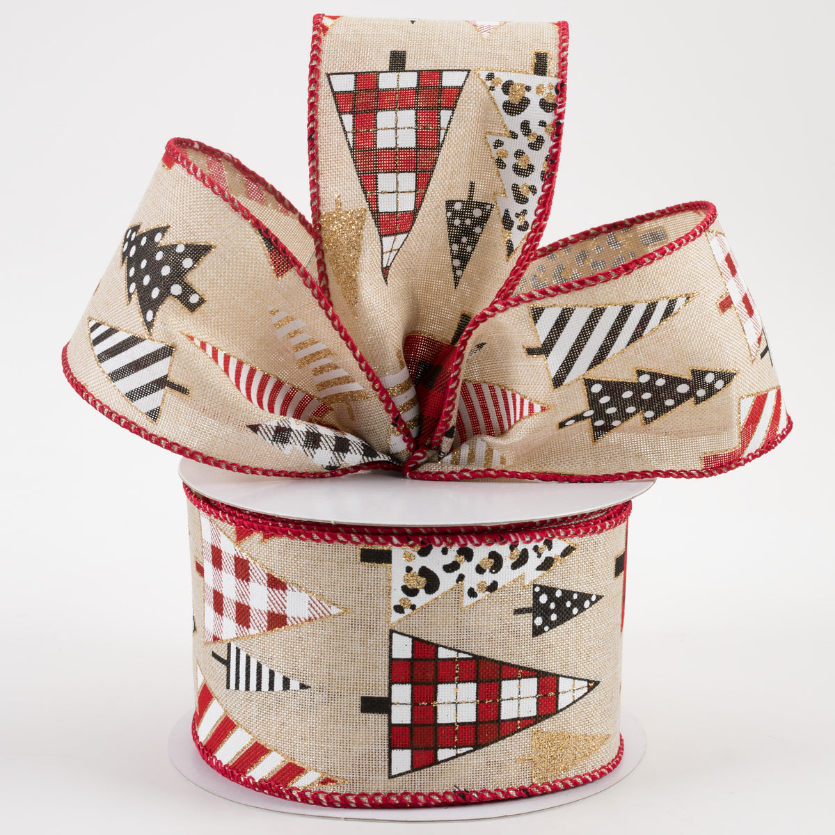 2.5" Patterned Trees Linen Ribbon: Natural, Red, Black, White, Gold (10 Yards) Lifestyle Photo