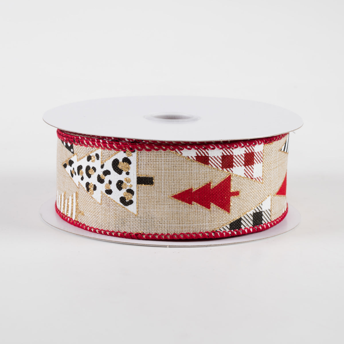 1.5" Patterned Trees Linen Ribbon: Natural, Red, Black, White, Gold (10 Yards) Item Number: 71257-09-21