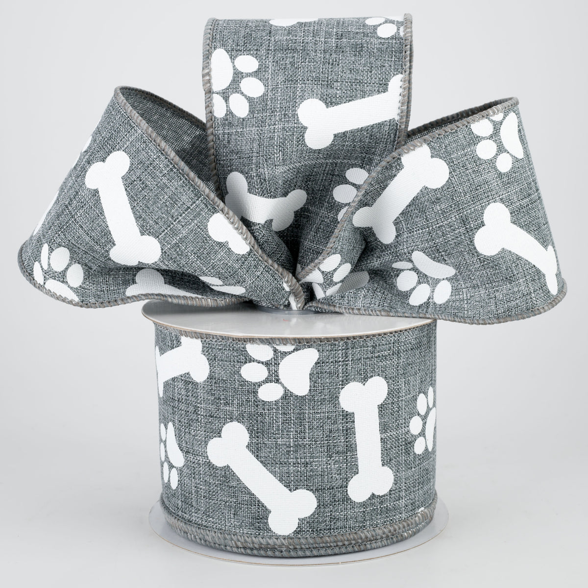2.5" Paw Print & Bones Ribbon: Grey & White (10 Yards) Lifestyle Photo
