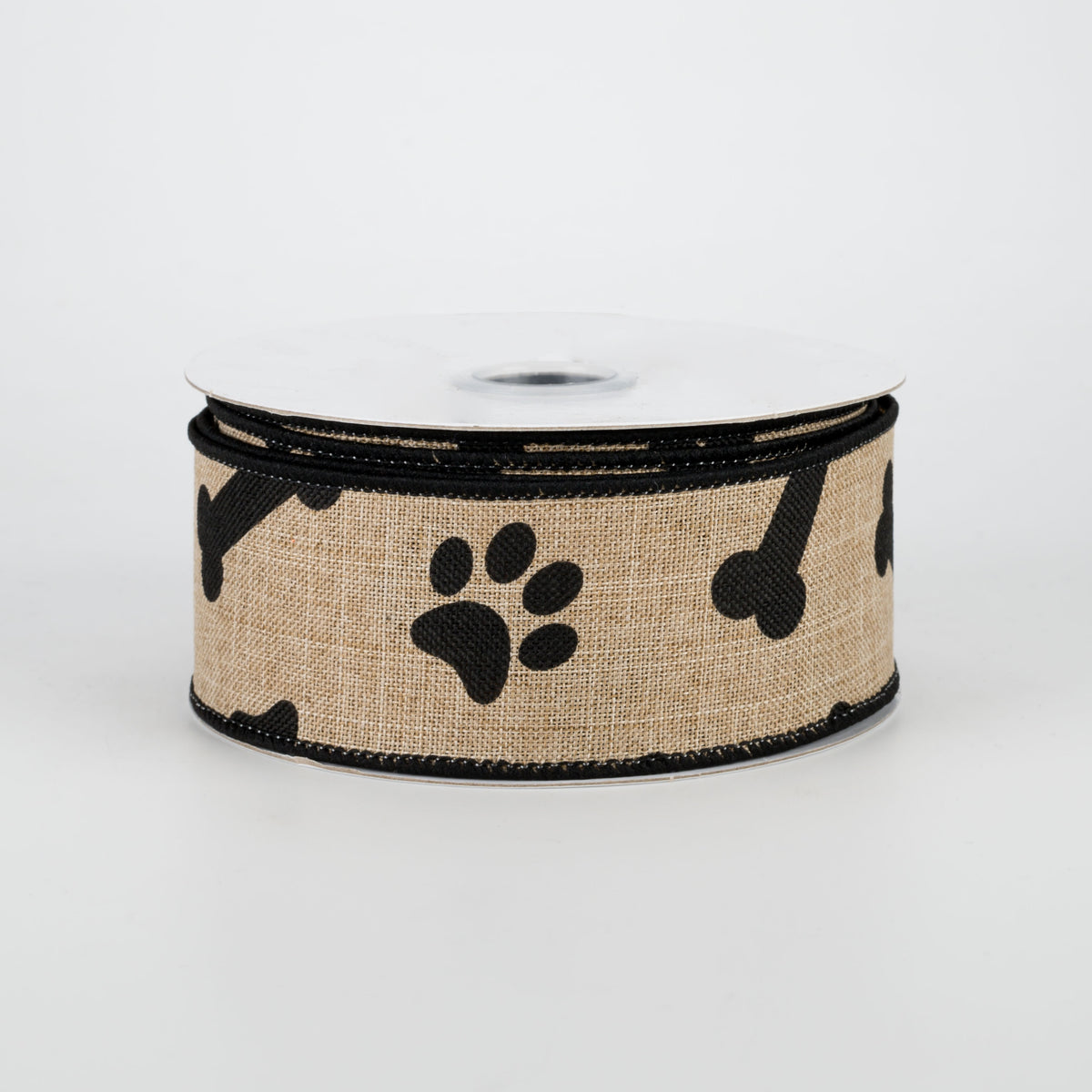1.5" Paw Print & Bones Ribbon: Light Beige & Black (10 Yards)