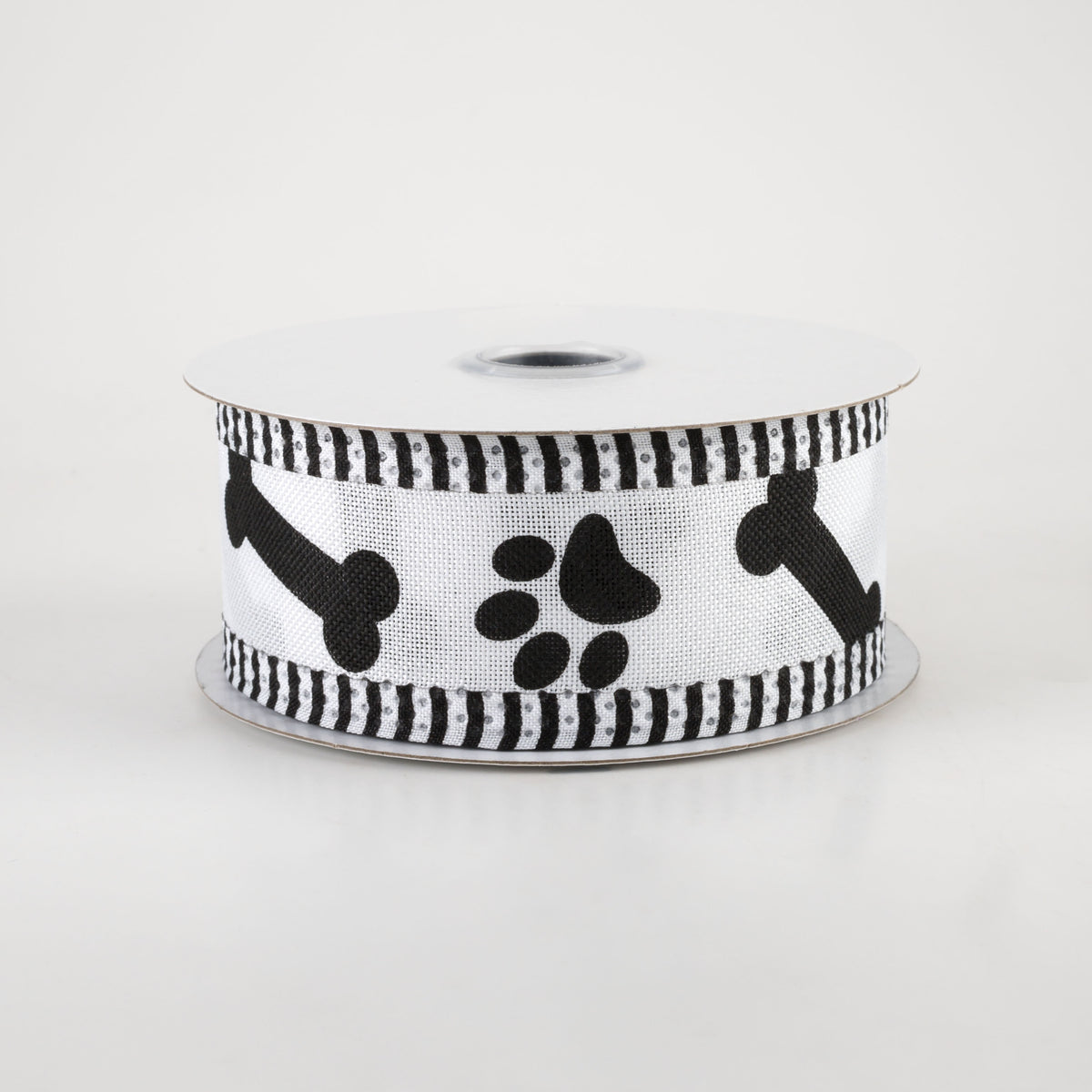 1.5" Paw Prints & Bones Thin Stripe Edge Ribbon: White & Black (10 Yards)
