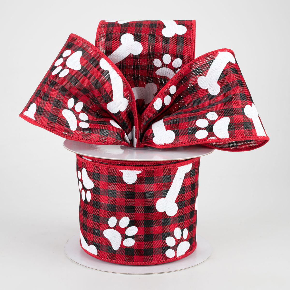 2.5" Paw Prints & Dog Bones Gingham Check Ribbon: Black & Red (10 Yards) Lifestyle Photo